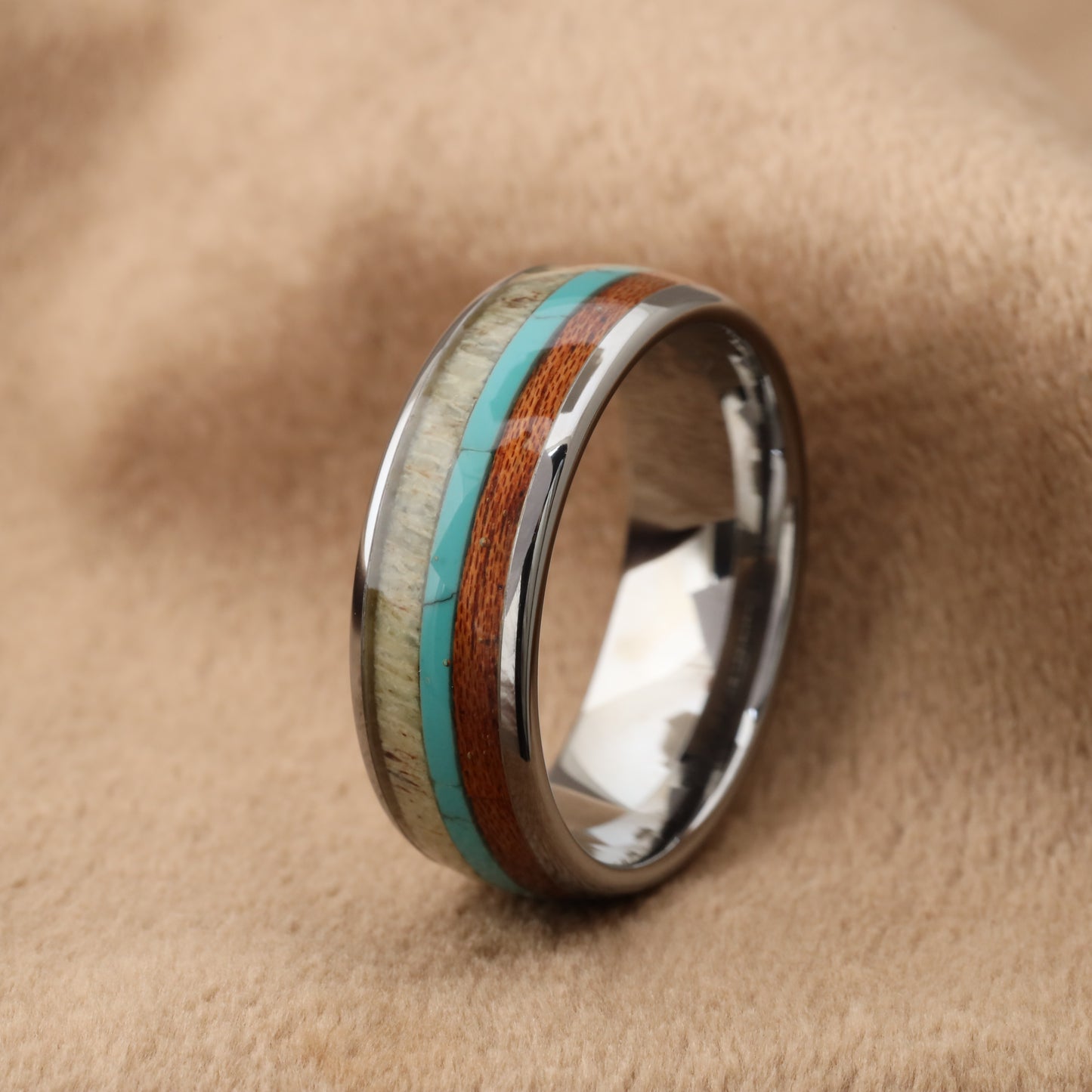 Silver Tungsten Ring with Deer Antler, Turquoise & Koa Wood - Triple Inlay - 8mm - A121