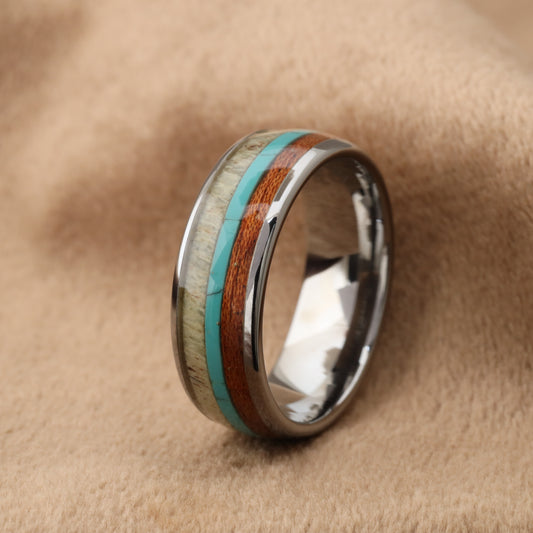 Silver Tungsten Ring with Deer Antler, Turquoise & Koa Wood - Triple Inlay - 8mm - A121