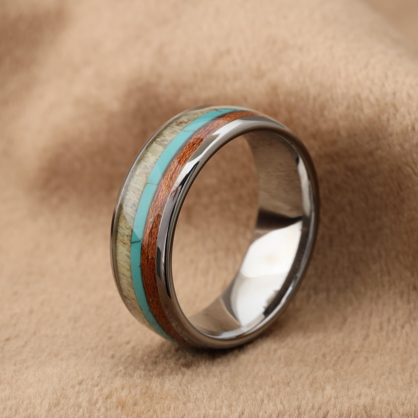 Silver Tungsten Ring with Deer Antler, Turquoise & Koa Wood - Triple Inlay - 8mm - A121