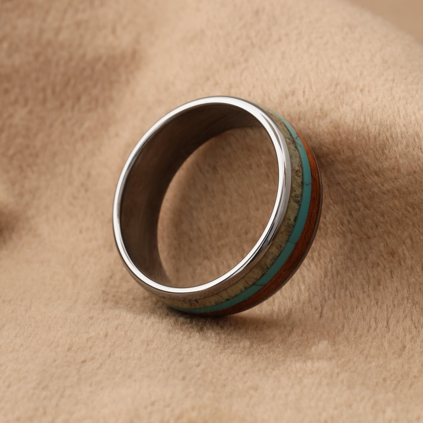 Silver Tungsten Ring with Deer Antler, Turquoise & Koa Wood - Triple Inlay - 8mm - A121