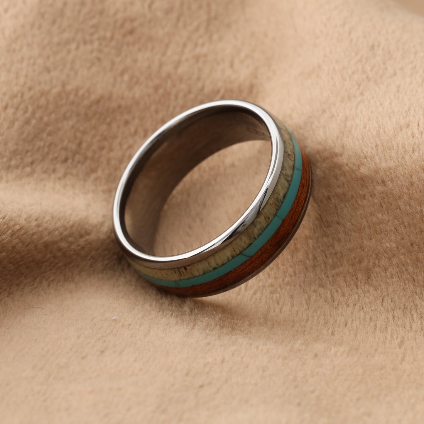 Silver Tungsten Ring with Deer Antler, Turquoise & Koa Wood - Triple Inlay - 8mm - A121