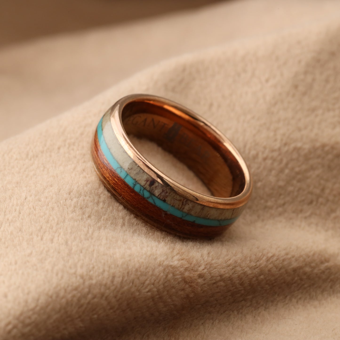 Tungsten Ring with Koa Wood, Deer Antler & Turquoise Stone - Triple Natural Inlay - 8mm - A111