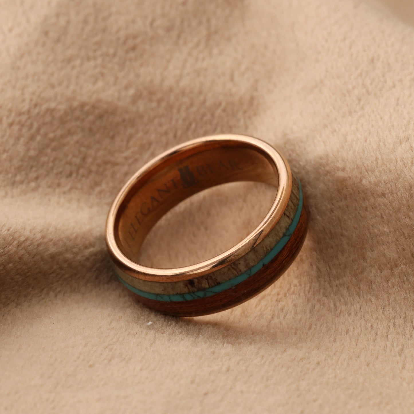 Tungsten Ring with Koa Wood, Deer Antler & Turquoise Stone - Triple Natural Inlay - 8mm - A111