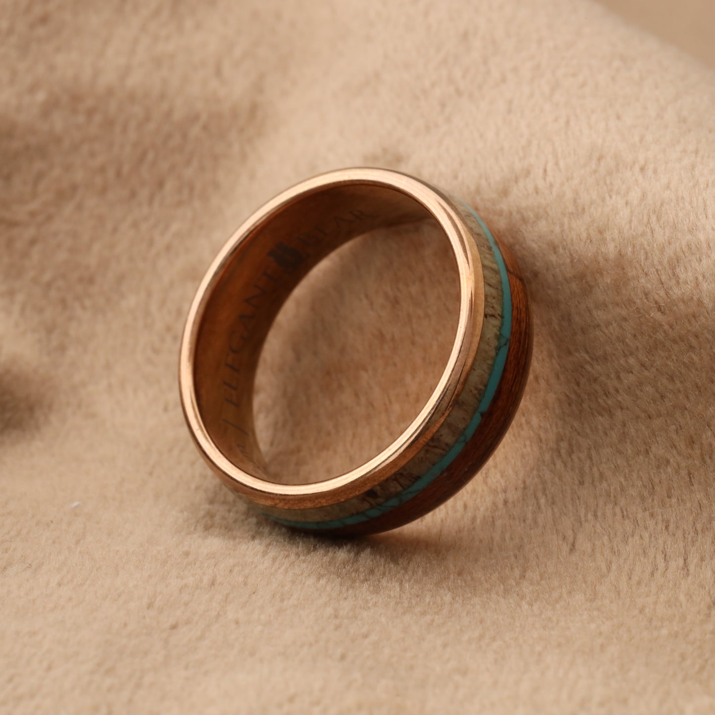Tungsten Ring with Koa Wood, Deer Antler & Turquoise Stone - Triple Natural Inlay - 8mm - A111