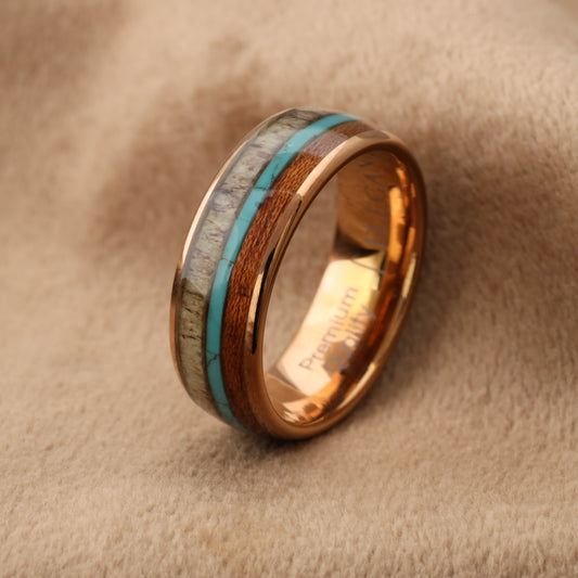 Tungsten Ring with Koa Wood, Deer Antler & Turquoise Stone - Triple Natural Inlay - 8mm - A111