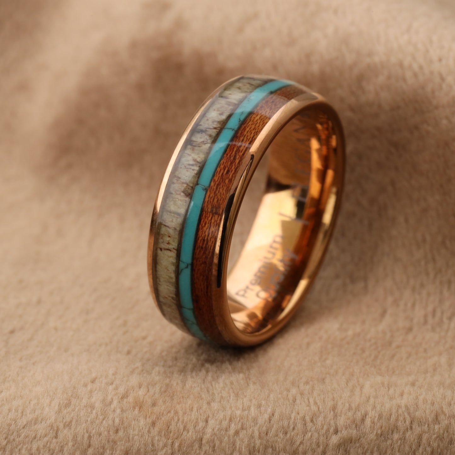 Tungsten Ring with Koa Wood, Deer Antler & Turquoise Stone - Triple Natural Inlay - 8mm - A111