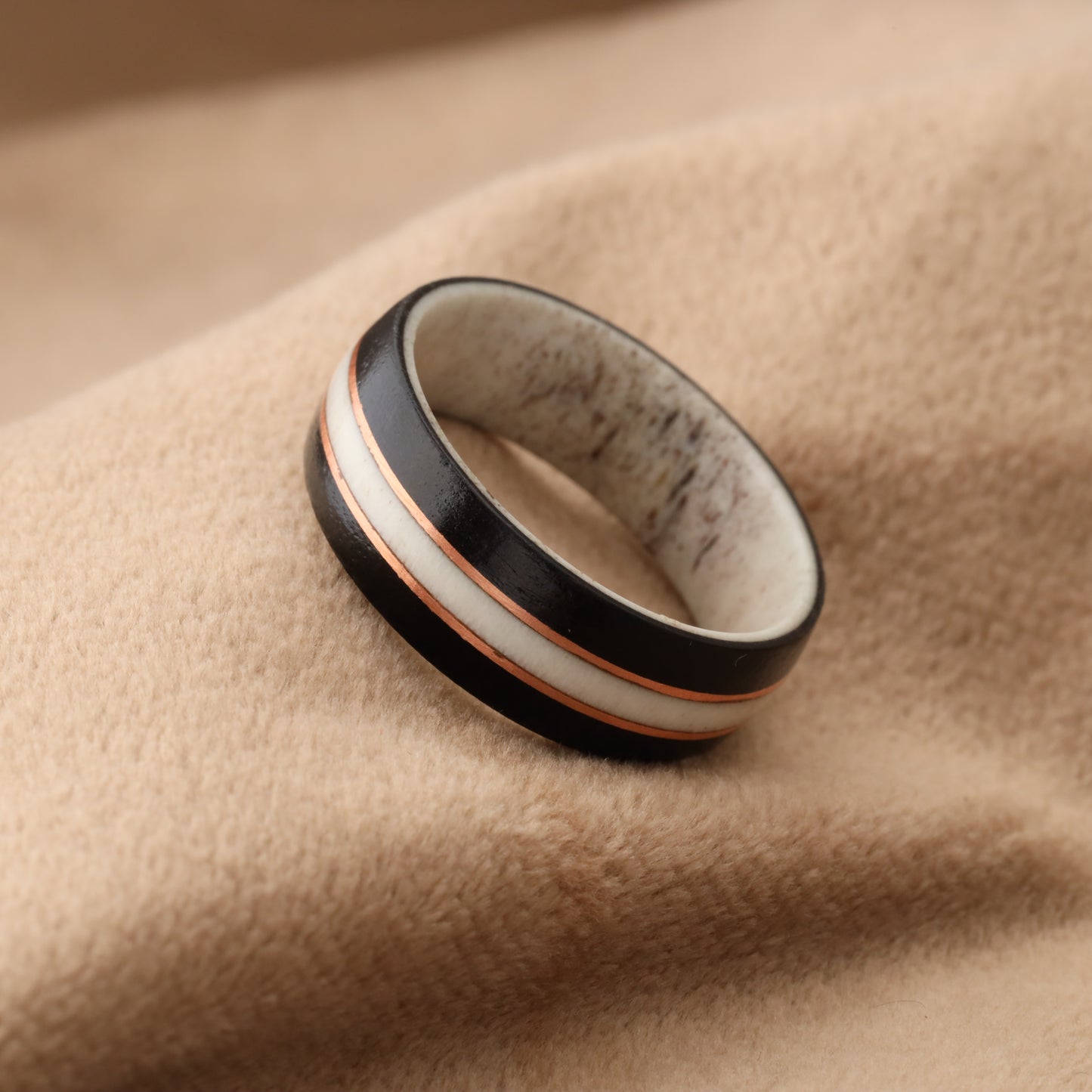Deer Antler & Black Ebony Wood Ring with Rose Gold Copper Lines - Pure Natural Design - 8mm - A205
