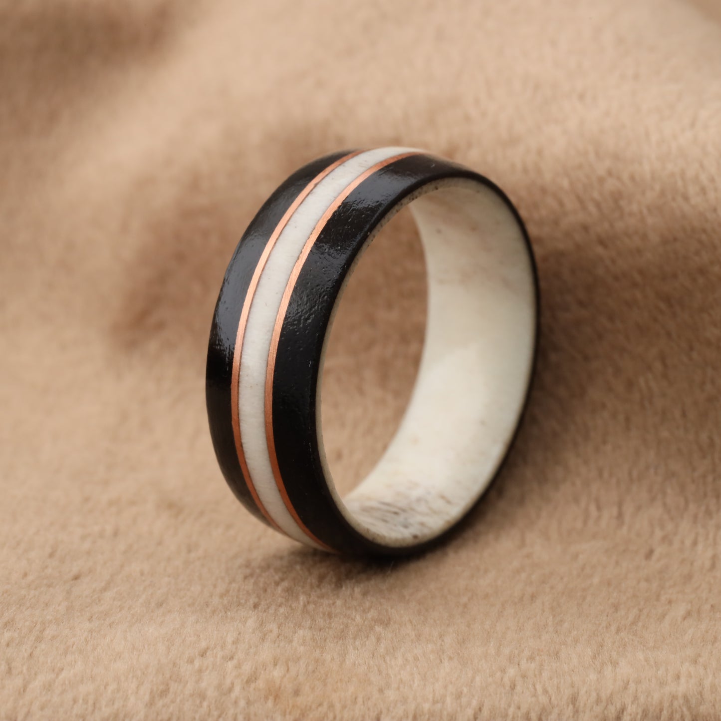 Deer Antler & Black Ebony Wood Ring with Rose Gold Copper Lines - Pure Natural Design - 8mm - A205
