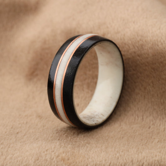 Deer Antler & Black Ebony Wood Ring with Rose Gold Copper Lines - Pure Natural Design - 8mm - A205