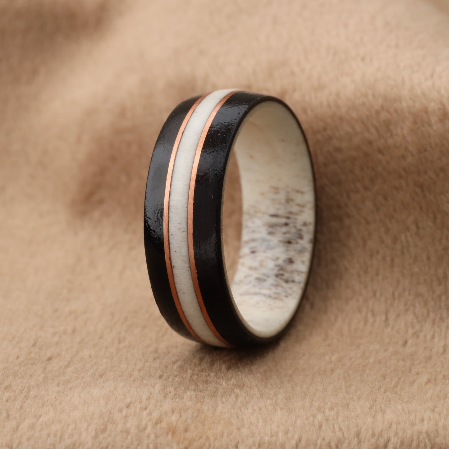 Deer Antler & Black Ebony Wood Ring with Rose Gold Copper Lines - Pure Natural Design - 8mm - A205