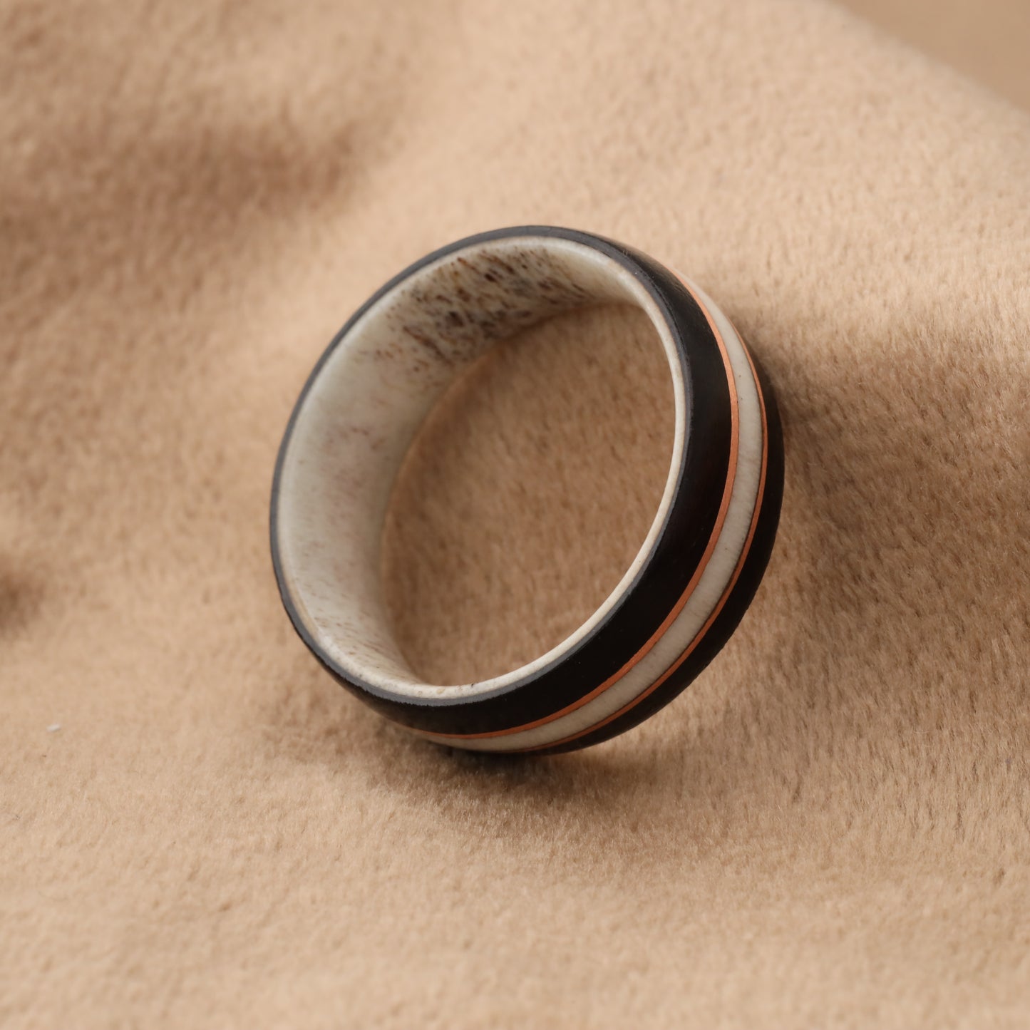 Deer Antler & Black Ebony Wood Ring with Rose Gold Copper Lines - Pure Natural Design - 8mm - A205