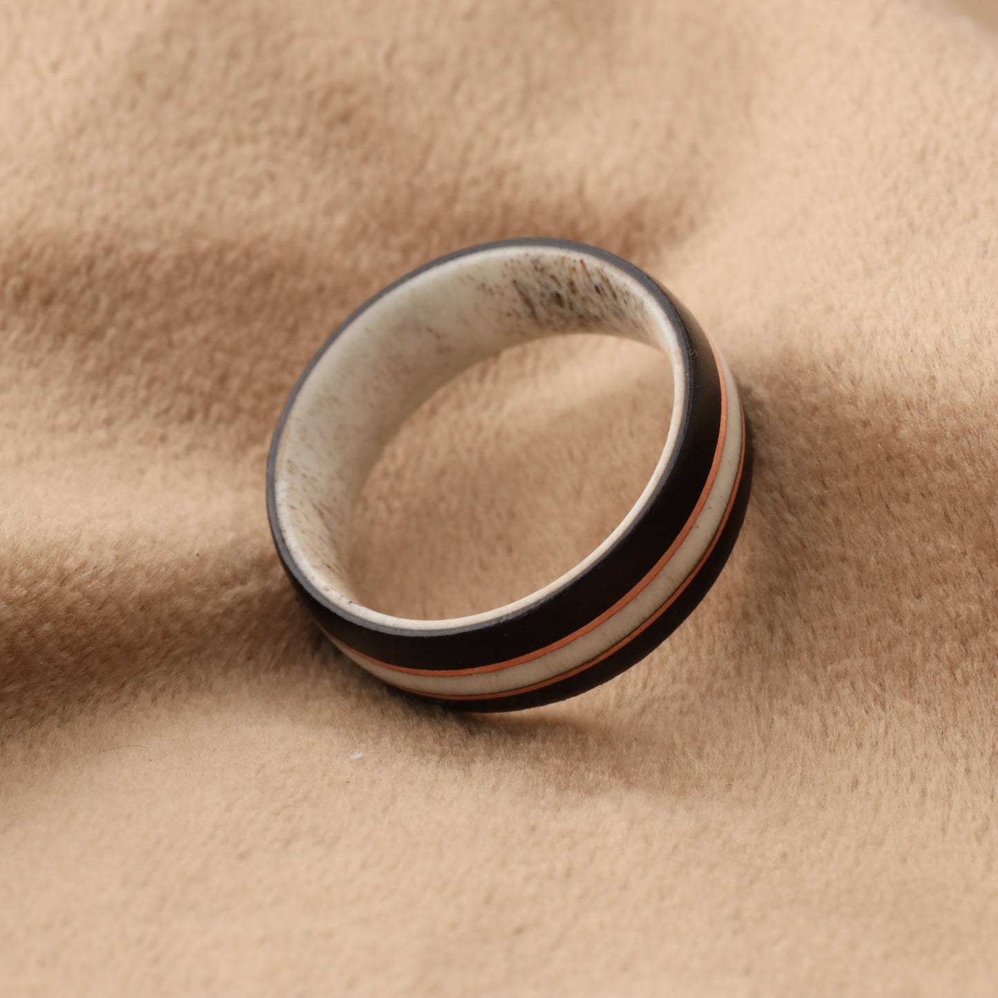 Deer Antler & Black Ebony Wood Ring with Rose Gold Copper Lines - Pure Natural Design - 8mm - A205