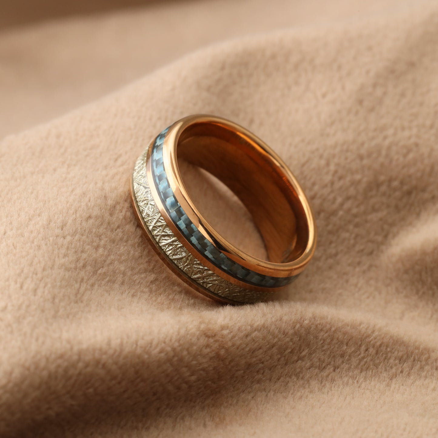 A131 Tungsten Ring with Synthetic Meteorite & Blue Carbon Fiber