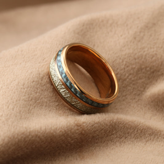 A131 Tungsten Ring with Synthetic Meteorite & Blue Carbon Fiber