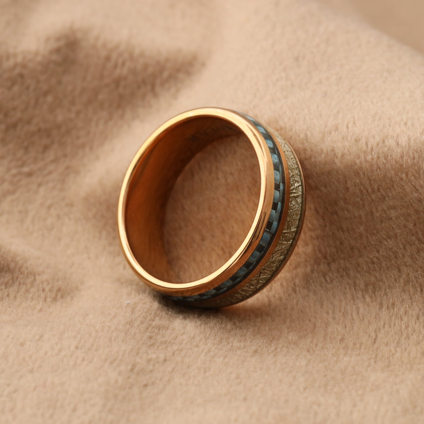 A131 Tungsten Ring with Synthetic Meteorite & Blue Carbon Fiber
