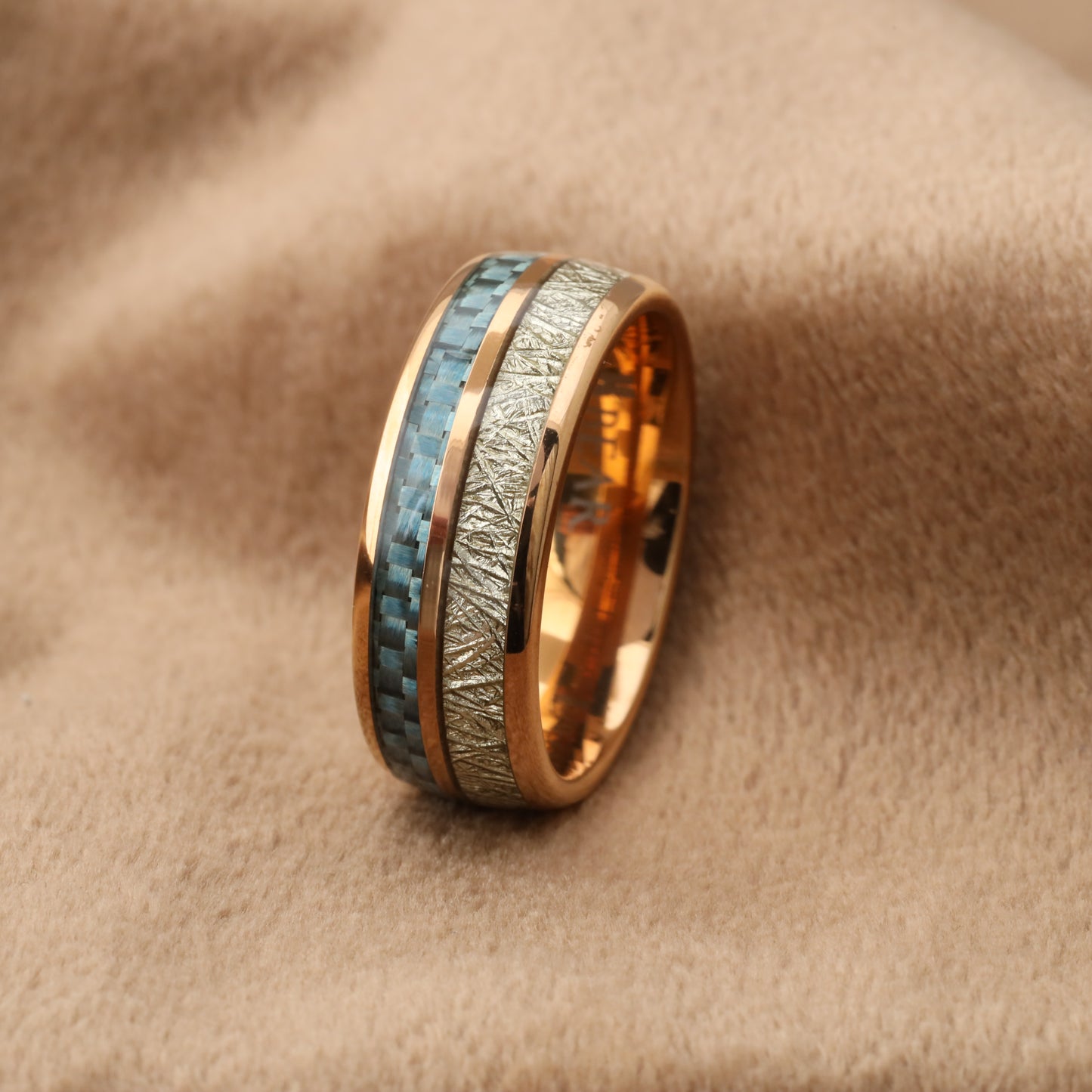 A131 Tungsten Ring with Synthetic Meteorite & Blue Carbon Fiber