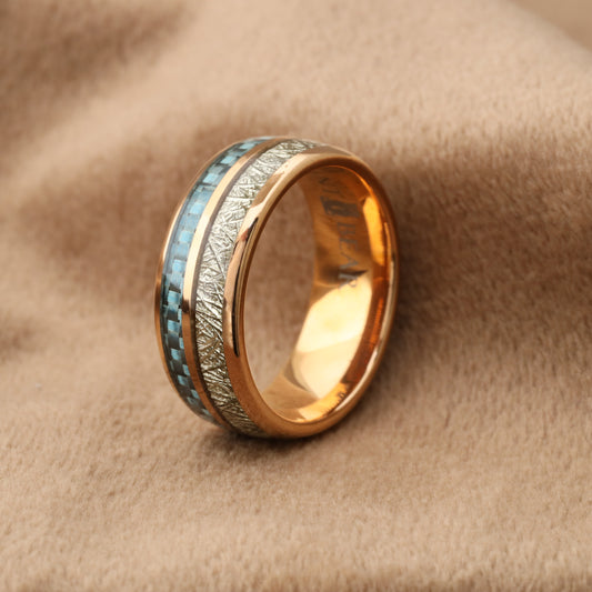 A131 Tungsten Ring with Synthetic Meteorite & Blue Carbon Fiber