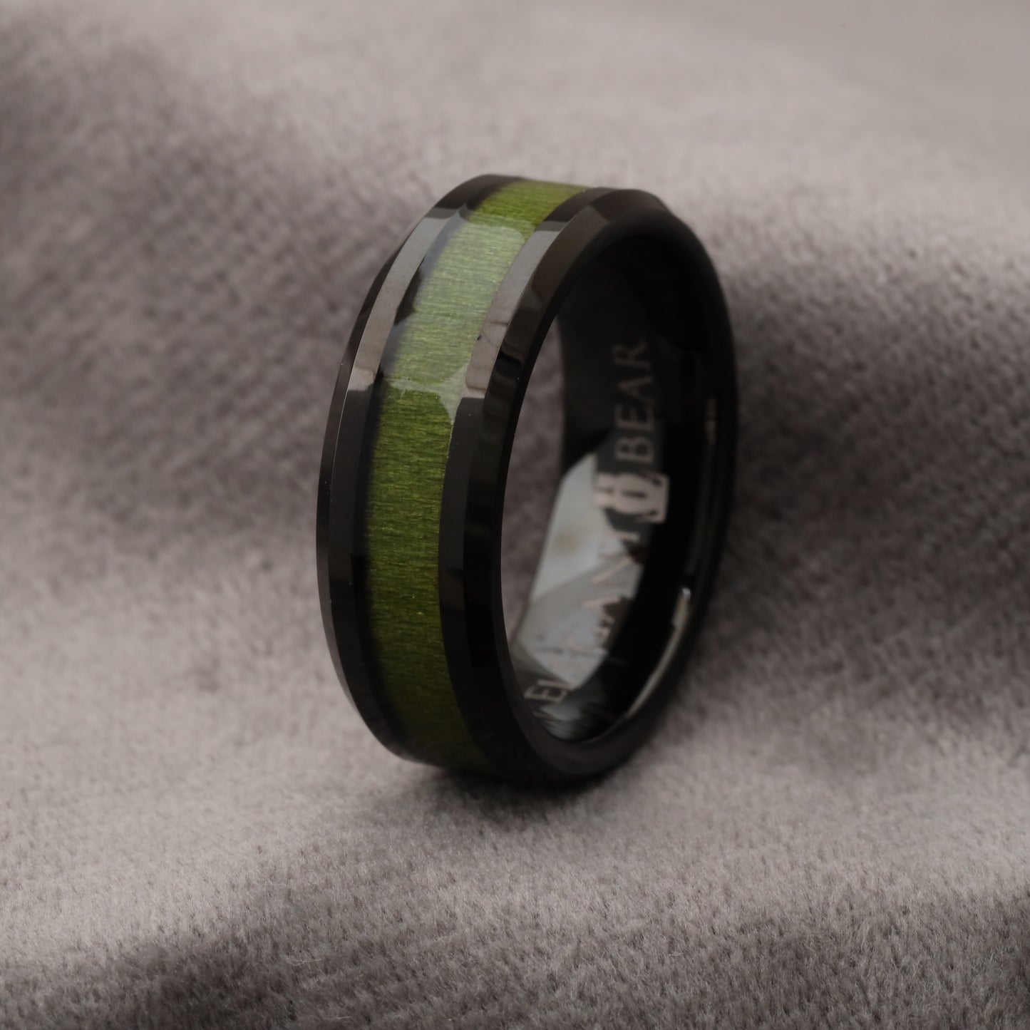Black Tungsten Ring with Green Elder Box Wood Inlay - 8mm - A116