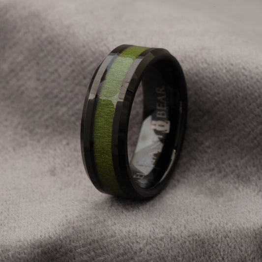 Black Tungsten Ring with Green Elder Box Wood Inlay - 8mm - A116