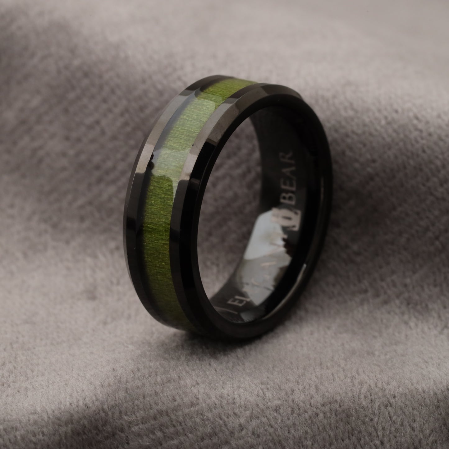 Black Tungsten Ring with Green Elder Box Wood Inlay - 8mm - A116