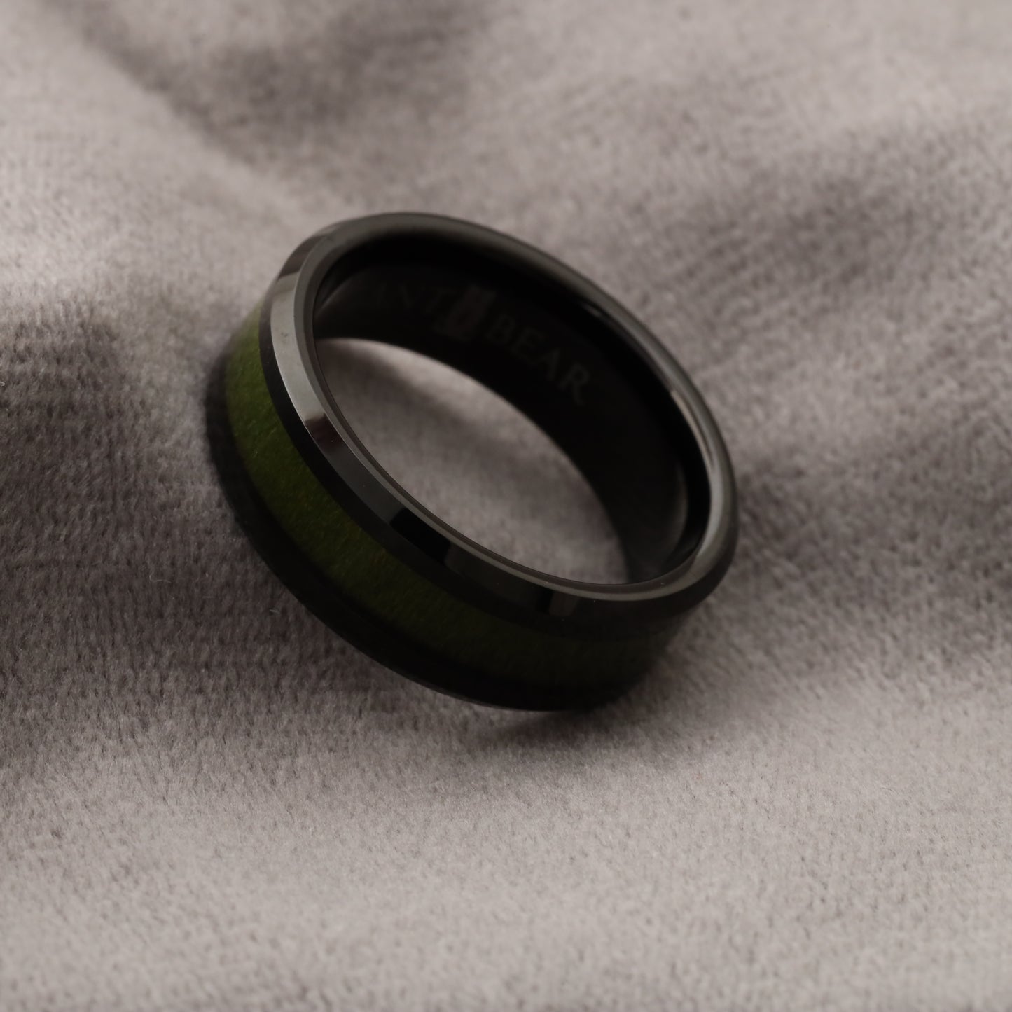 Black Tungsten Ring with Green Elder Box Wood Inlay - 8mm - A116