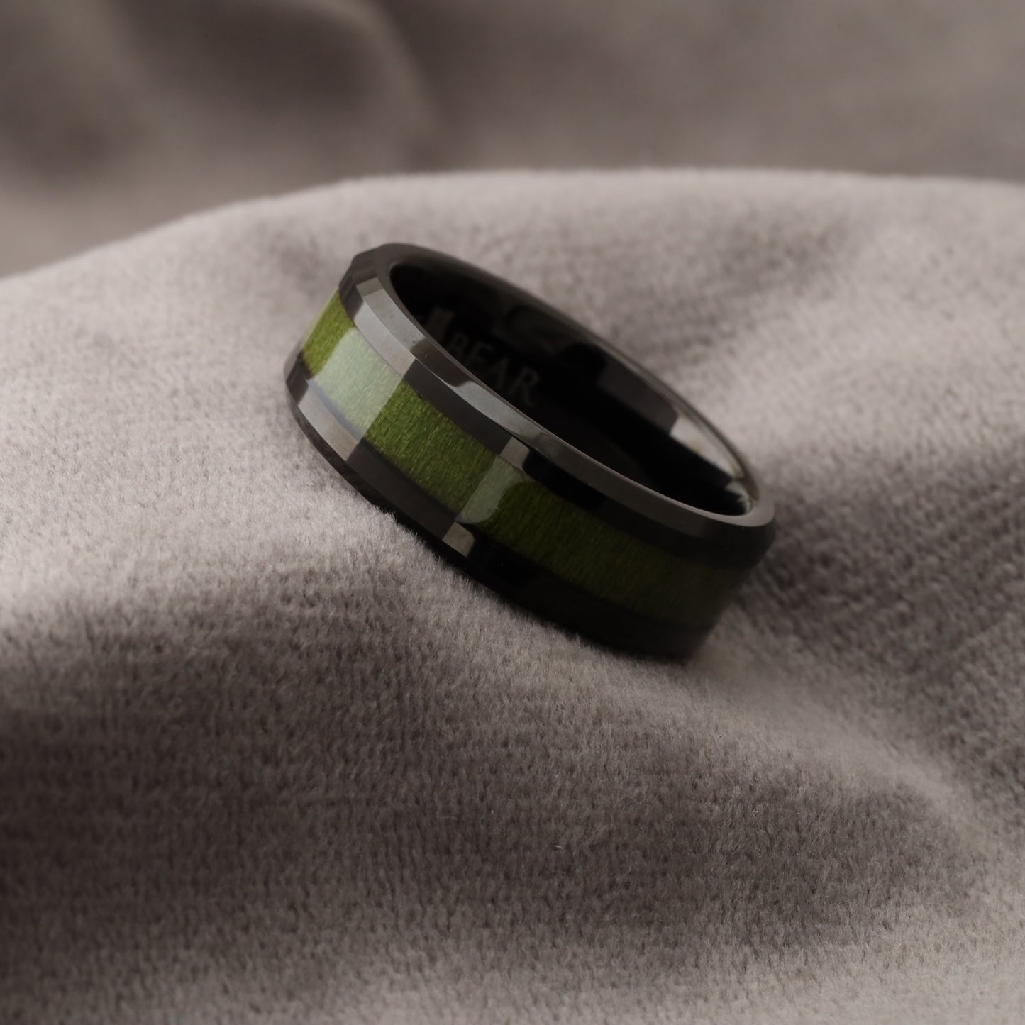 Black Tungsten Ring with Green Elder Box Wood Inlay - 8mm - A116