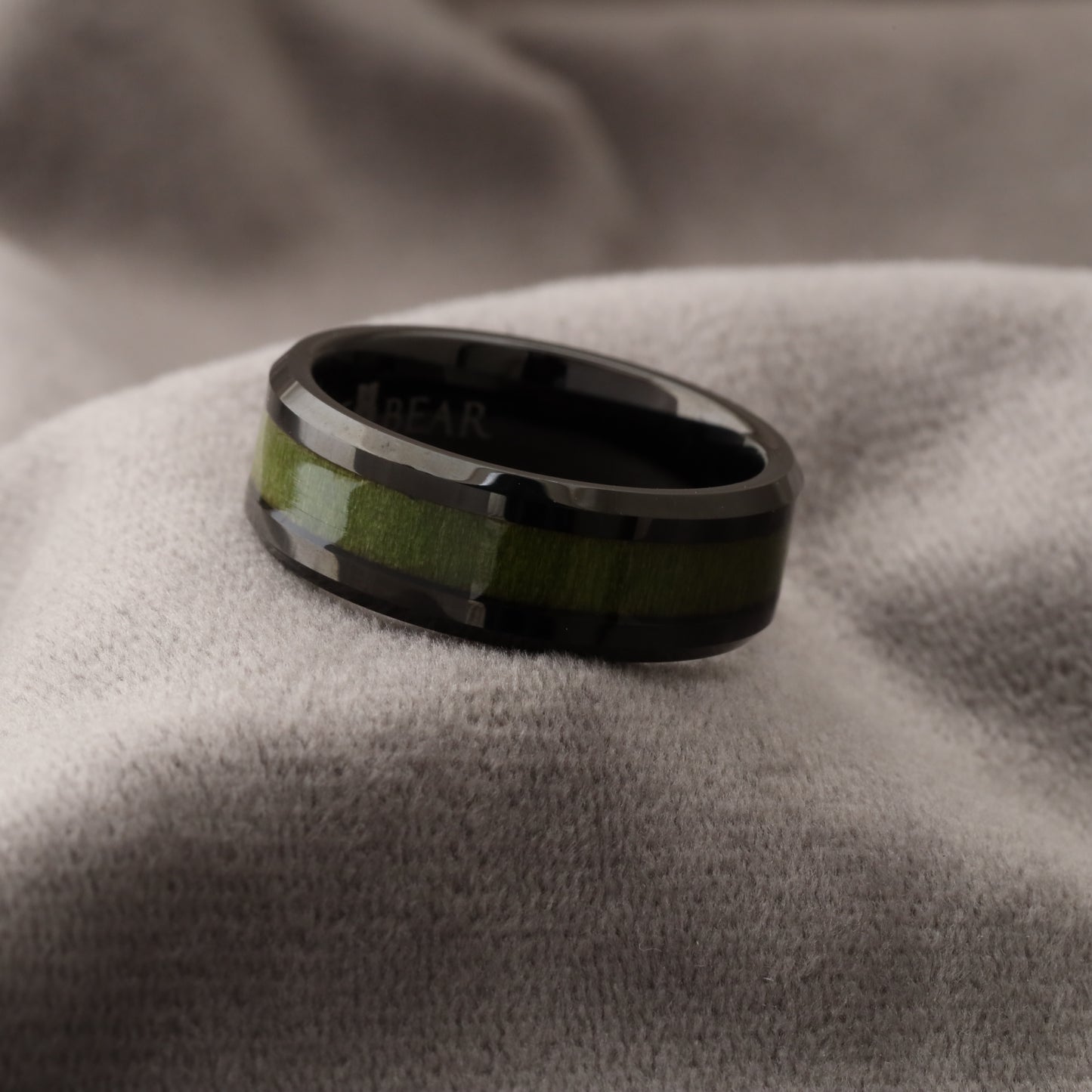 Black Tungsten Ring with Green Elder Box Wood Inlay - 8mm - A116