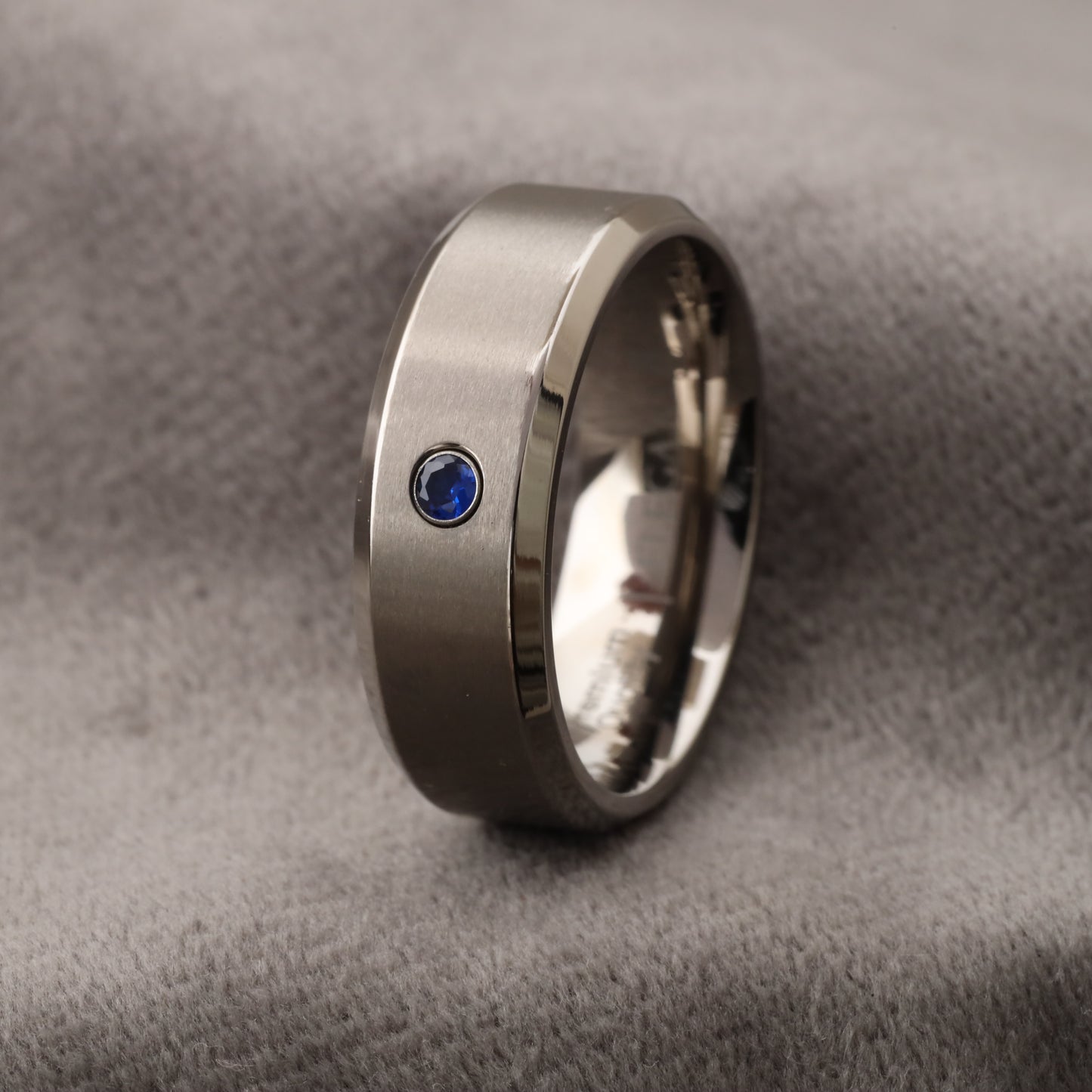 A334 Silver Titanium Ring with Blue Zircon - 8mm Width - Elegant Simplicity