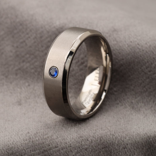A334 Silver Titanium Ring with Blue Zircon - 8mm Width - Elegant Simplicity