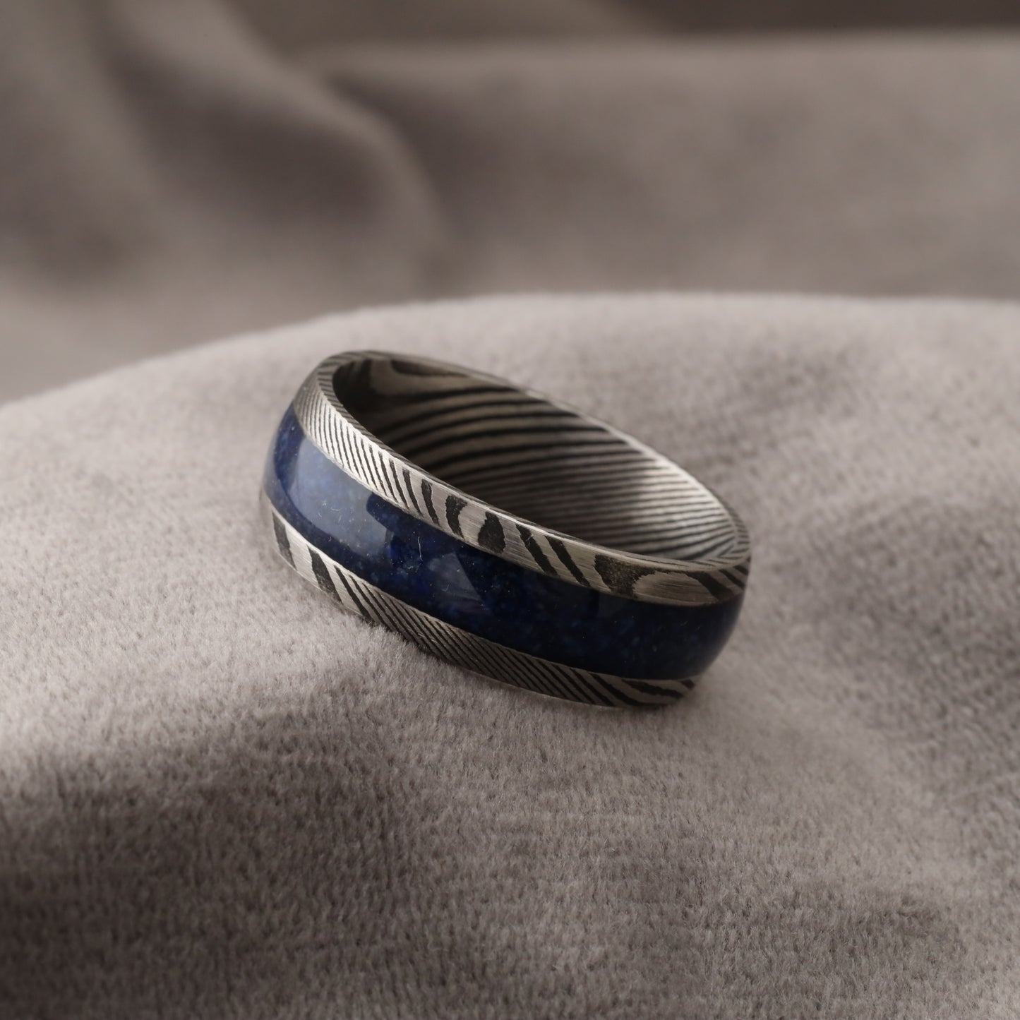 Damascus Steel Ring with Natural Lapis Lazuli Stone - 8mm - A323
