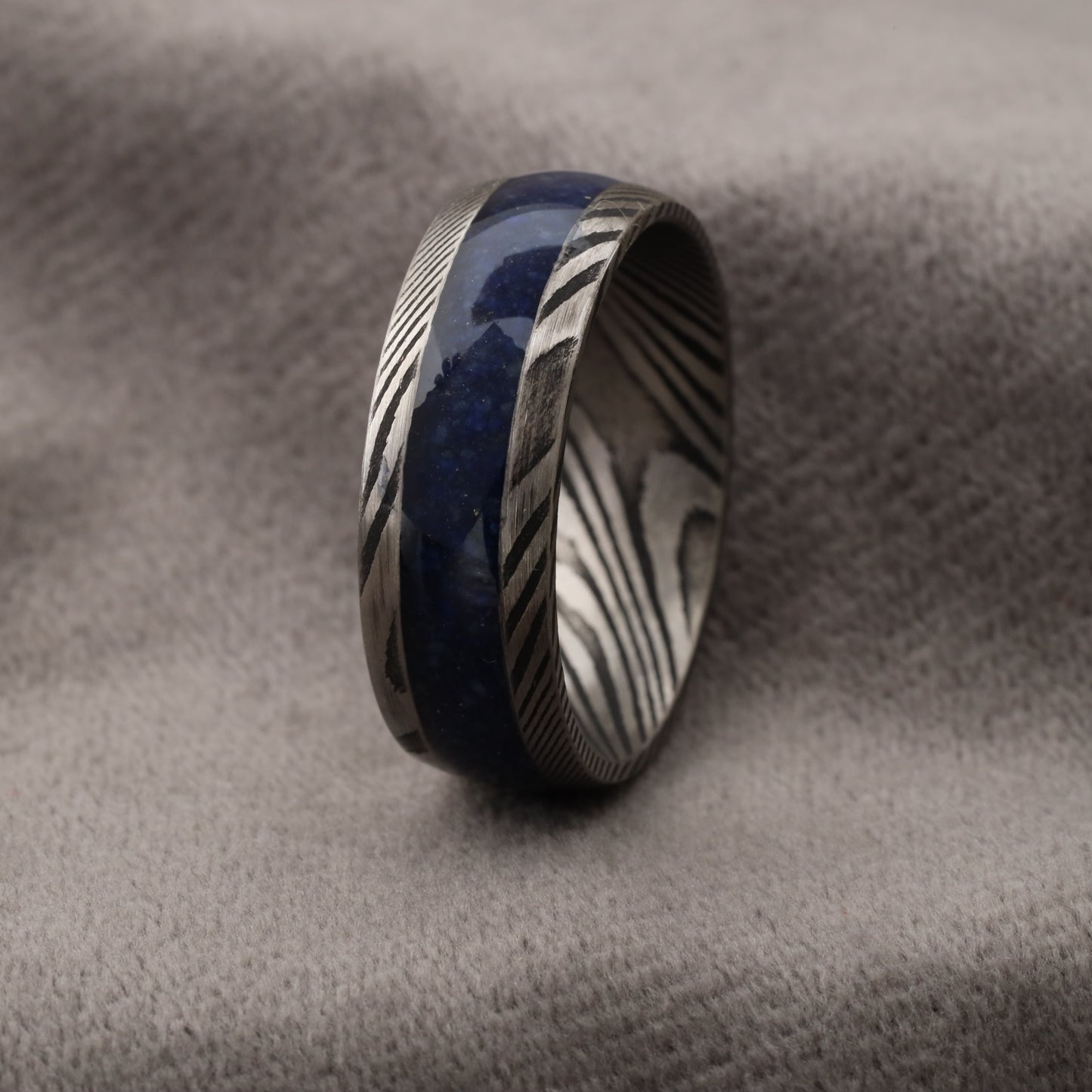 Damascus Steel Ring with Natural Lapis Lazuli Stone - 8mm - A323