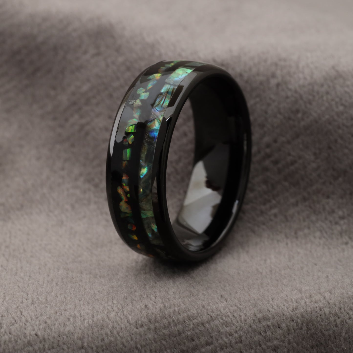 Black Tungsten Ring with Fire Opal & Abalone Shell - Stunning Beauty Design - 8mm - A164