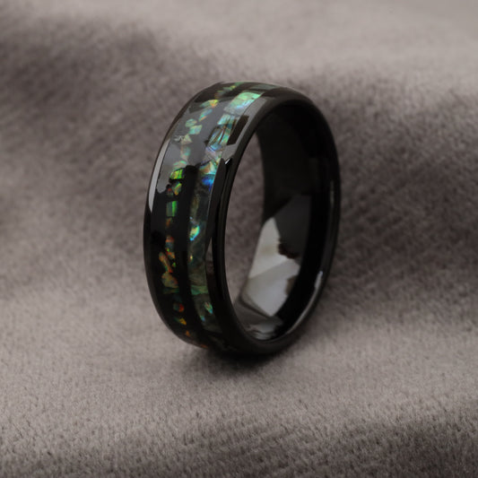 Black Tungsten Ring with Fire Opal & Abalone Shell - Stunning Beauty Design - 8mm - A164