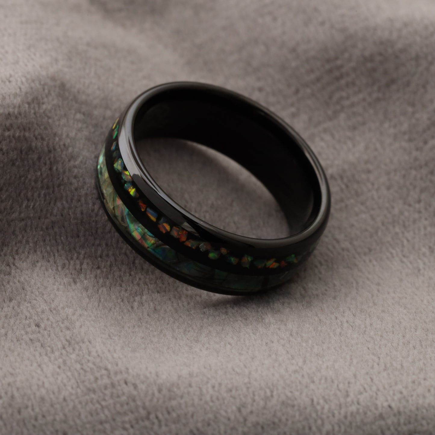 Black Tungsten Ring with Fire Opal & Abalone Shell - Stunning Beauty Design - 8mm - A164