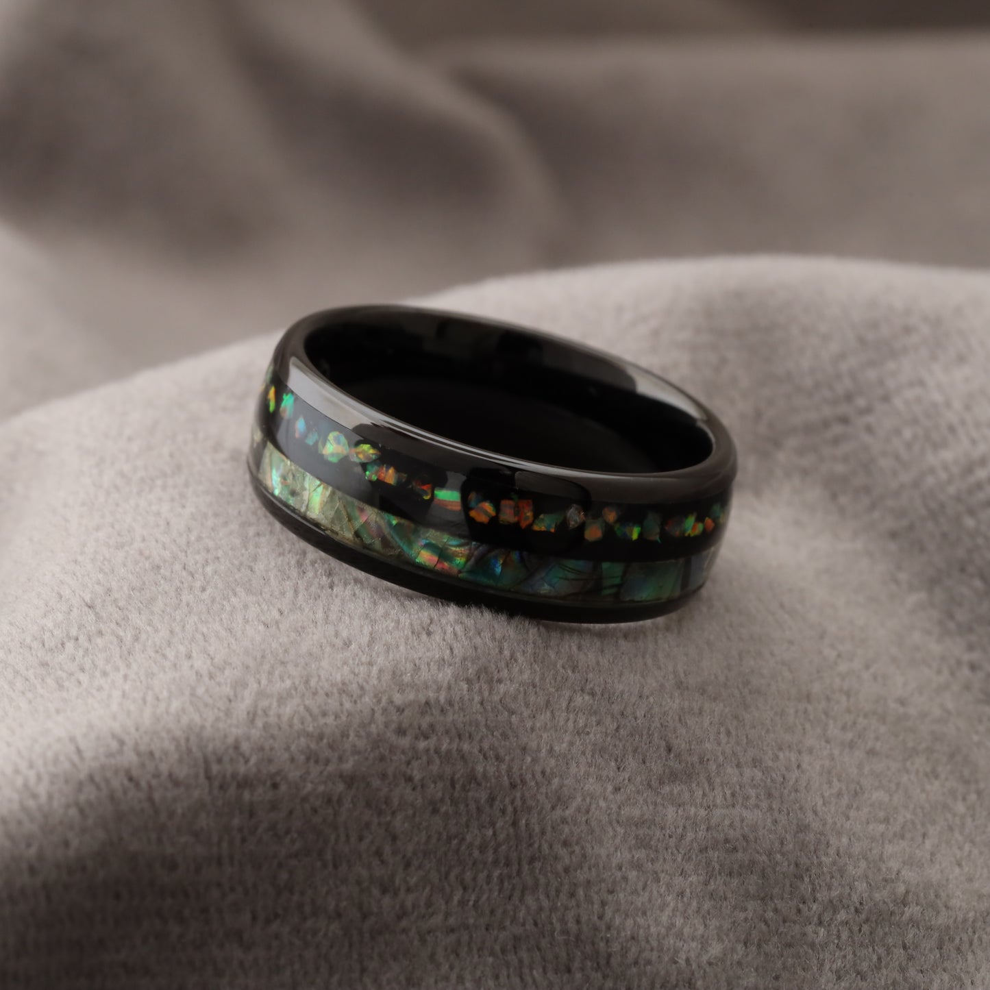 Black Tungsten Ring with Fire Opal & Abalone Shell - Stunning Beauty Design - 8mm - A164