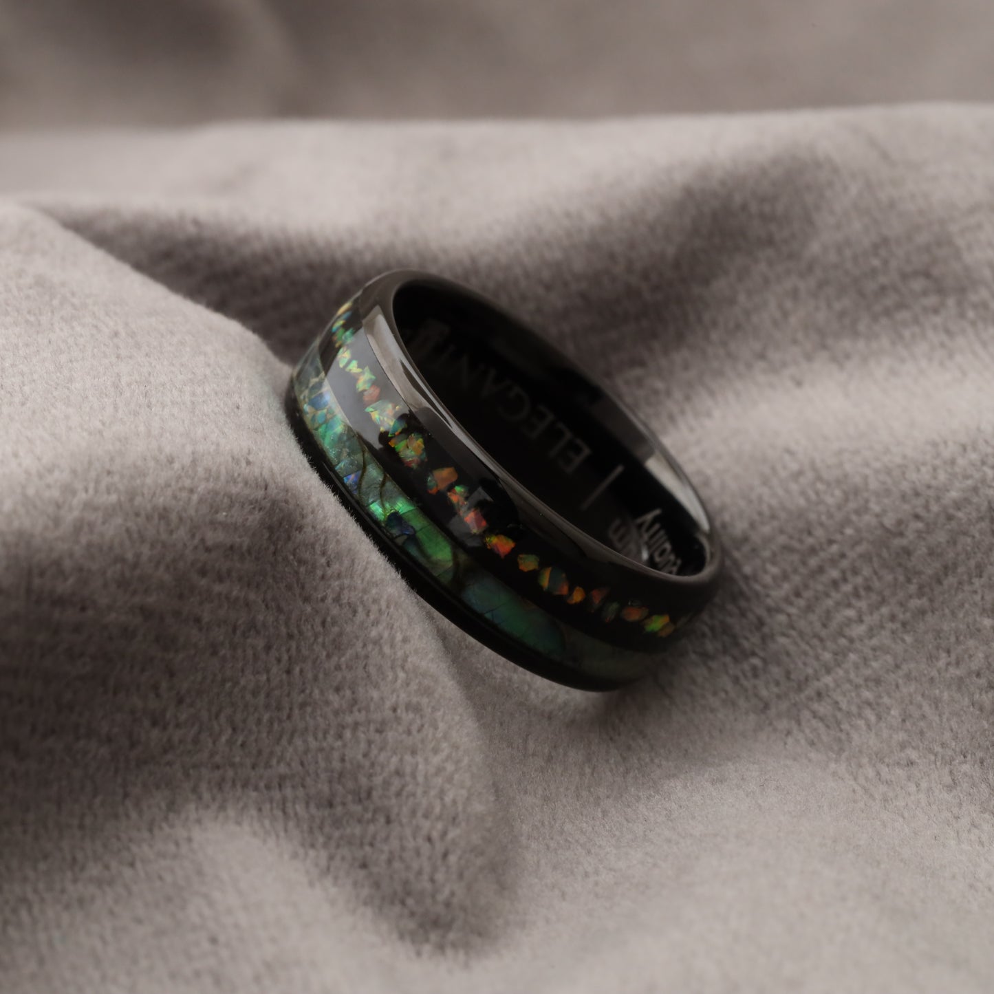 Black Tungsten Ring with Fire Opal & Abalone Shell - Stunning Beauty Design - 8mm - A164