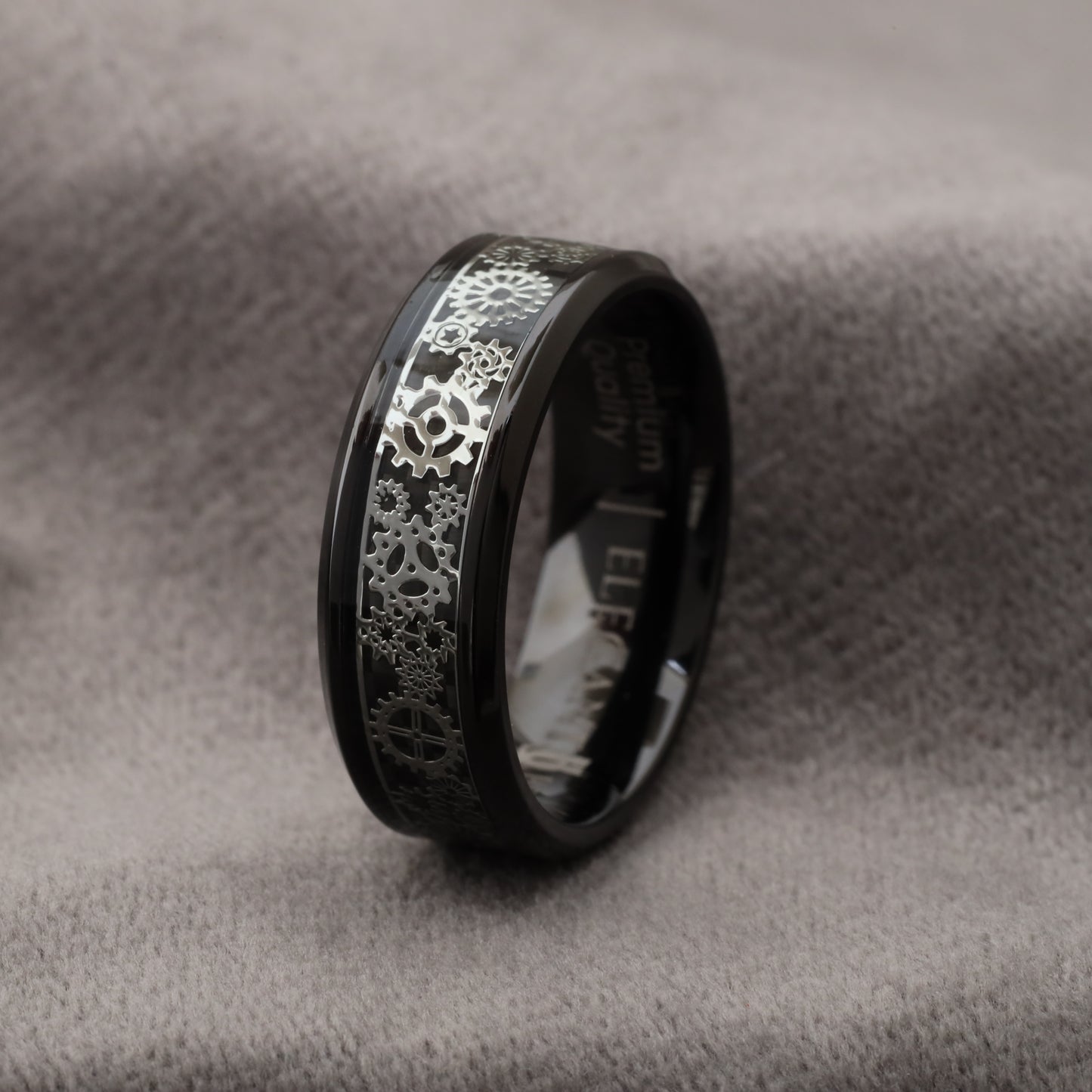 Titanium & Black Carbon Fiber Ring with Silver Gears - Industrial Design - 8mm - A332