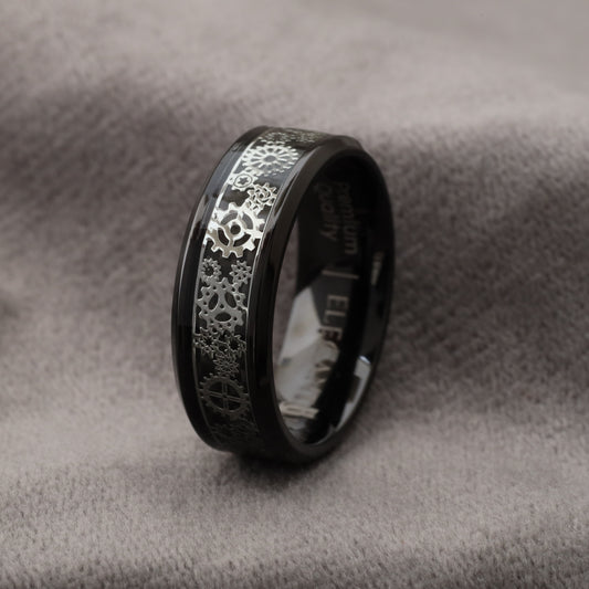 Titanium & Black Carbon Fiber Ring with Silver Gears - Industrial Design - 8mm - A332