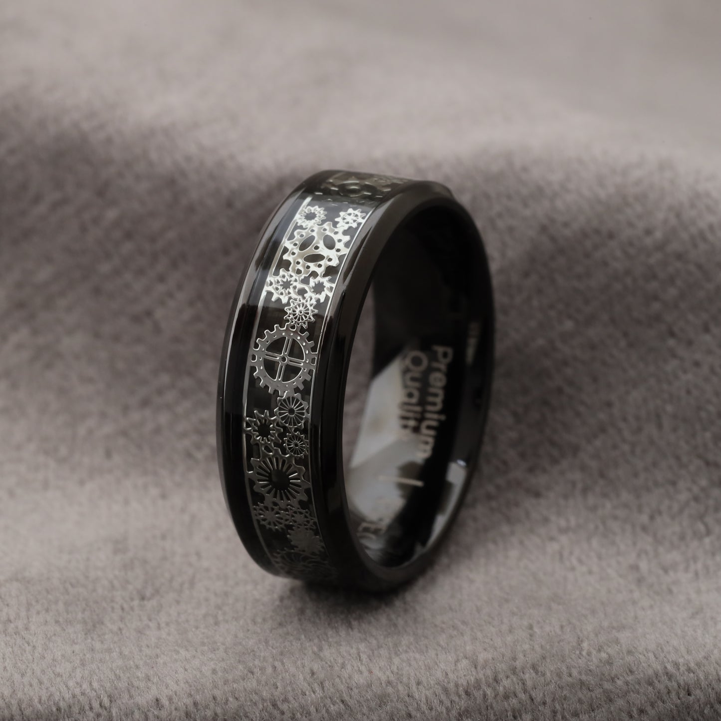 Titanium & Black Carbon Fiber Ring with Silver Gears - Industrial Design - 8mm - A332
