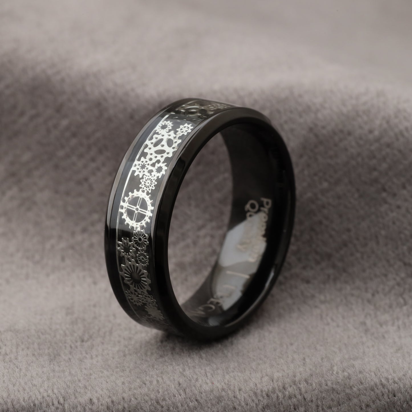 Titanium & Black Carbon Fiber Ring with Silver Gears - Industrial Design - 8mm - A332