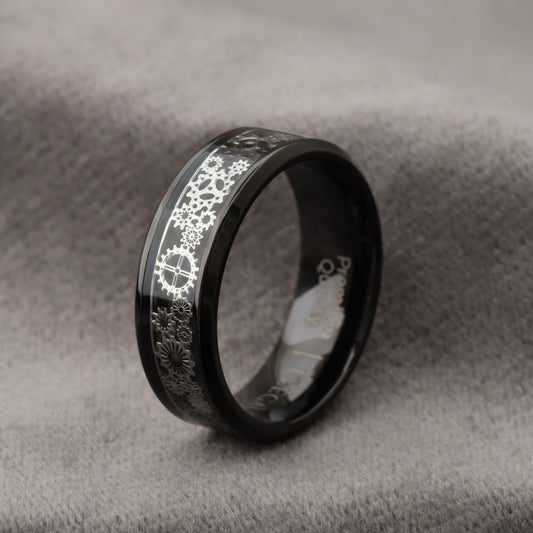 Titanium & Black Carbon Fiber Ring with Silver Gears - Industrial Design - 8mm - A332
