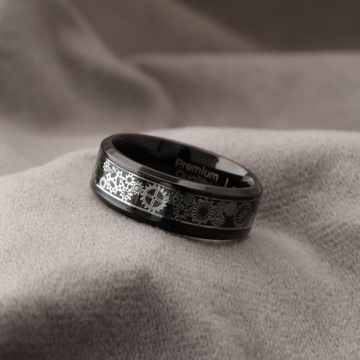 Titanium & Black Carbon Fiber Ring with Silver Gears - Industrial Design - 8mm - A332