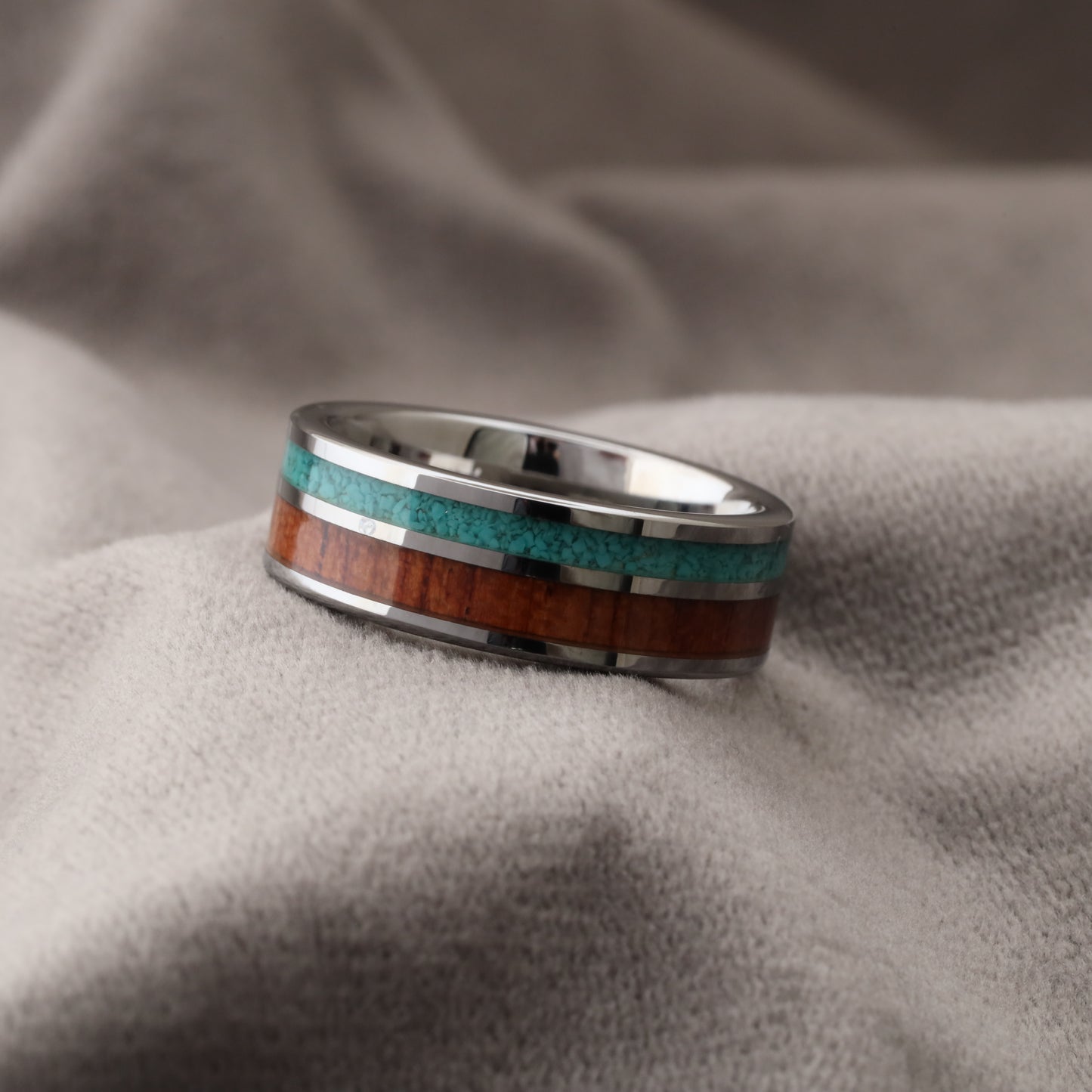 Silver Tungsten Ring with Koa Wood & Natural Turquoise Stone - 8mm - A165