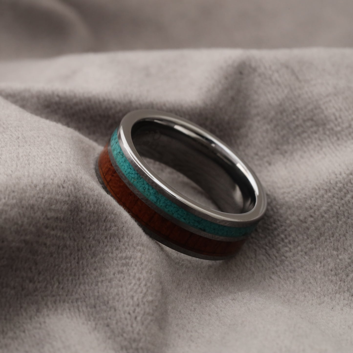 Silver Tungsten Ring with Koa Wood & Natural Turquoise Stone - 8mm - A165
