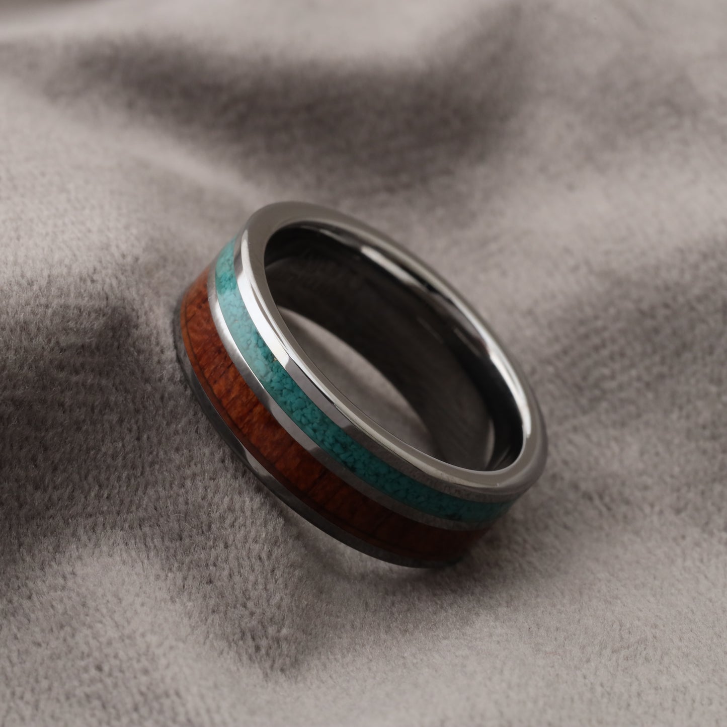 Silver Tungsten Ring with Koa Wood & Natural Turquoise Stone - 8mm - A165