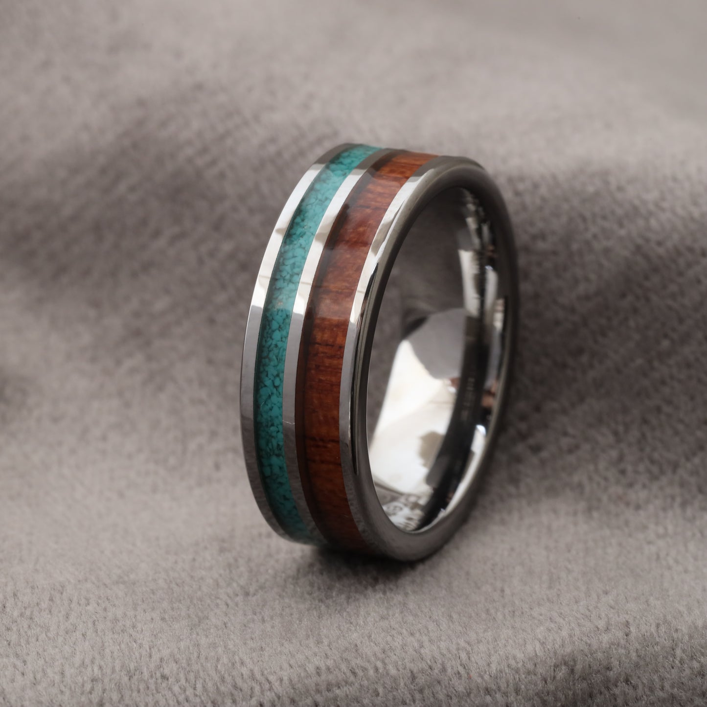 Silver Tungsten Ring with Koa Wood & Natural Turquoise Stone - 8mm - A165