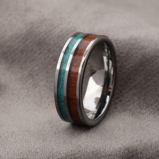 Silver Tungsten Ring with Koa Wood & Natural Turquoise Stone - 8mm - A165