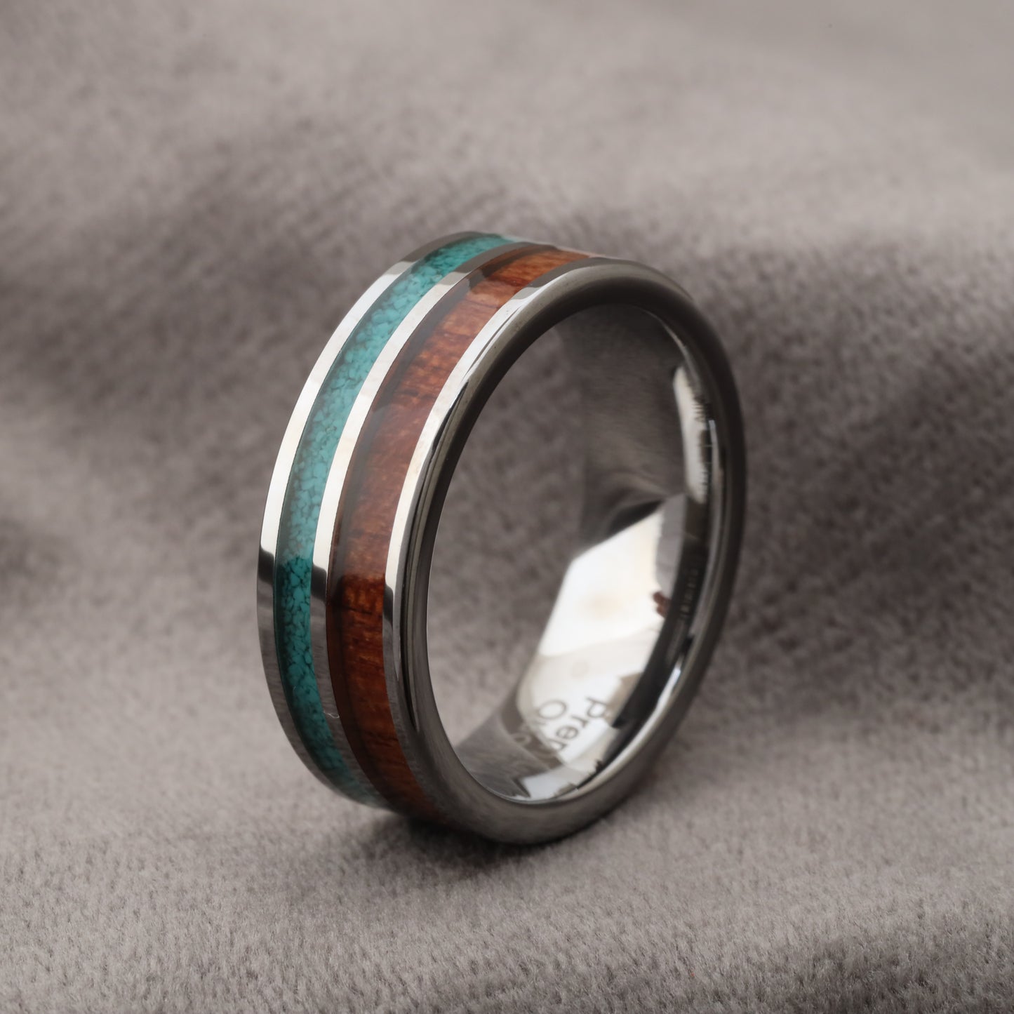 Silver Tungsten Ring with Koa Wood & Natural Turquoise Stone - 8mm - A165