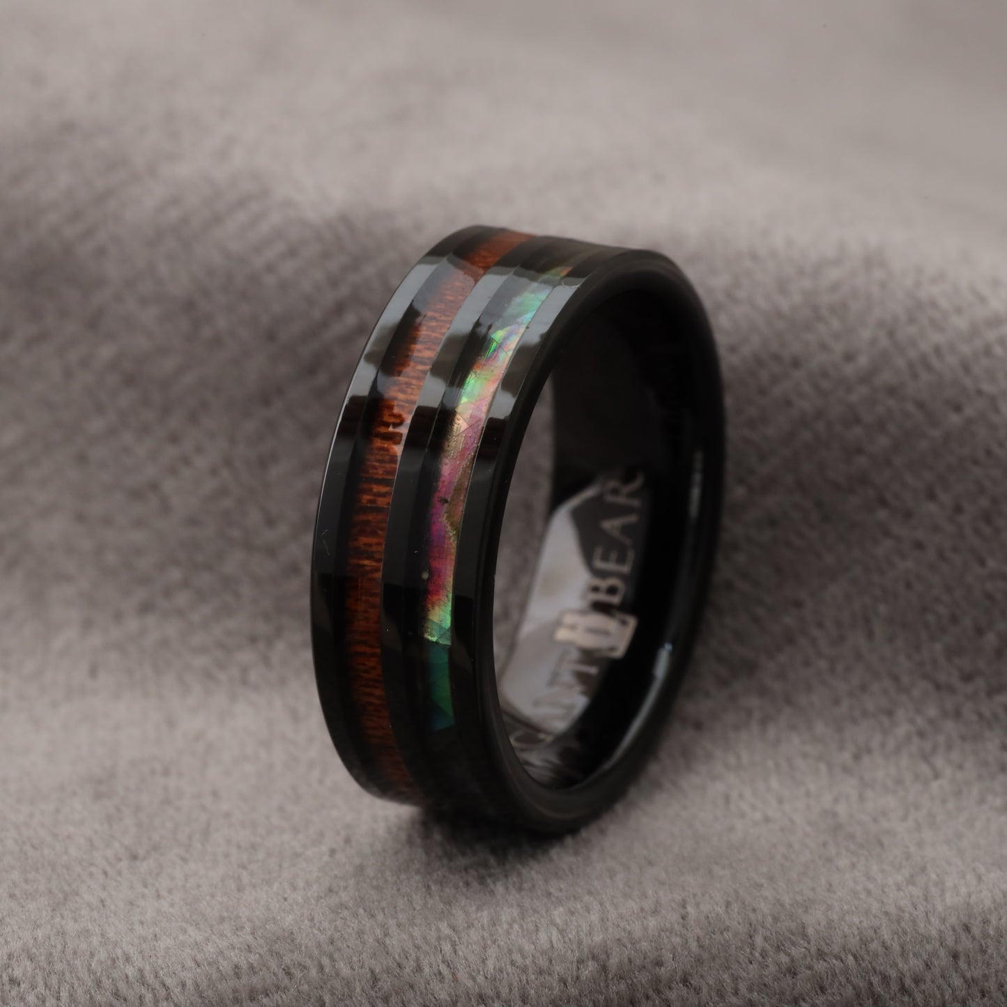 Black Tungsten Ring with Koa Wood & Abalone Shell Inlay A170