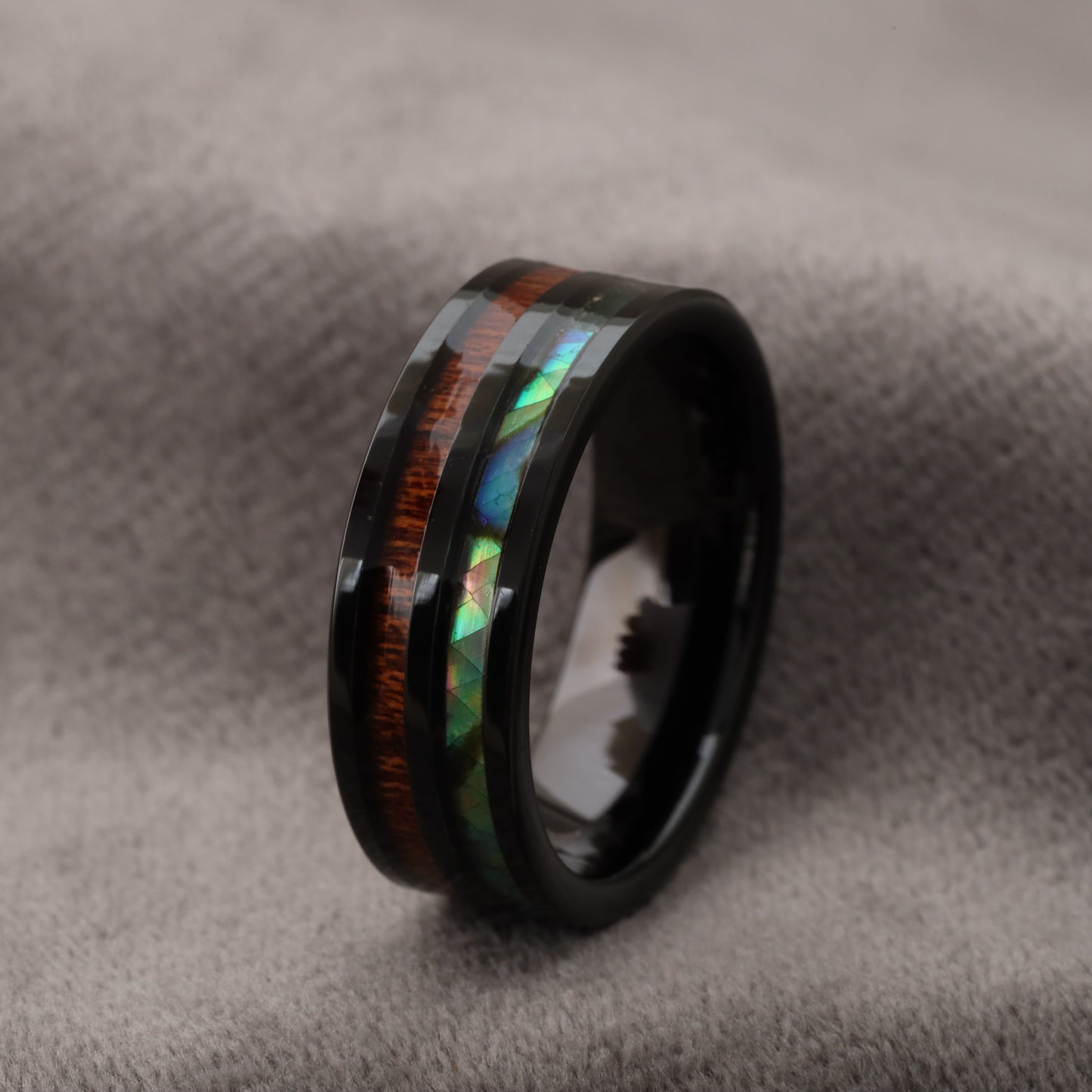 Black Tungsten Ring with Koa Wood & Abalone Shell Inlay A170